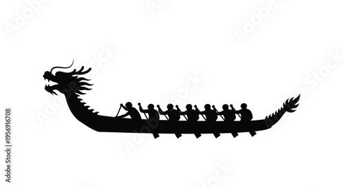 A black silhouette of a traditional chinese dragon boat with rowers