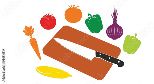Colorful fruits and vegetables with a cutting board flat silhouette