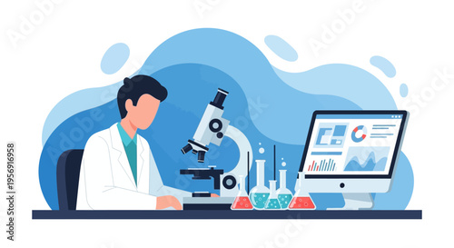 Scientist working with microscope and computer in laboratory, scientific research concept