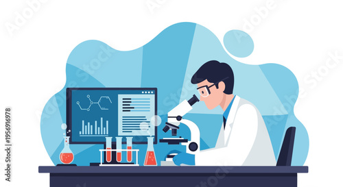 Scientist working with microscope and computer in modern laboratory, scientific research concept