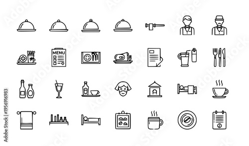  set of minimalist line art icons representing hotel and restaurant services