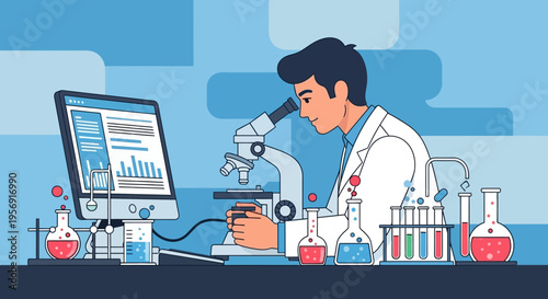 Scientist working with microscope and computer in laboratory, science research concept