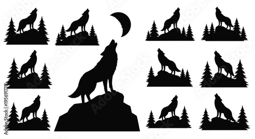 Howling wolves against a crescent moon a striking black silhouette
