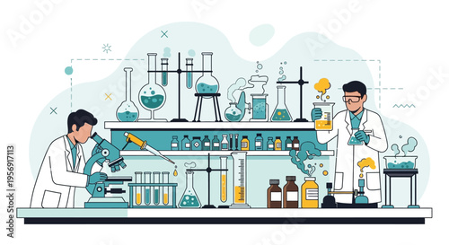 Scientists conducting experiments in a modern laboratory with glassware and equipment