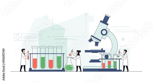Scientists conducting experiments with microscope and test tubes in a modern laboratory setting.