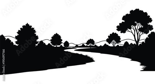 A winding river flows through a dark forest landscape silhouette