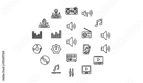  collection of music and audio icons in a flat design style