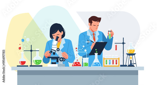 Scientists conducting research in a modern laboratory with microscopes and test tubes