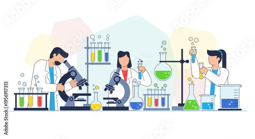 Scientists in lab coats conducting experiments with microscopes and colorful liquids in beakers