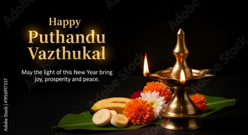 Happy puthandu vazthukal tamil new year greeting with traditional oil lamp and flowers decor