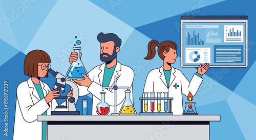 Scientists in lab coats conducting experiments, using microscope, flasks, and analyzing data on screen