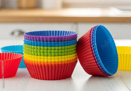 Colorful silicone baking cups stacked in a kitchen setting  