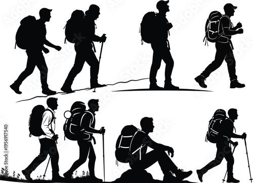 Silhouette of a hiker in various walking and resting positions