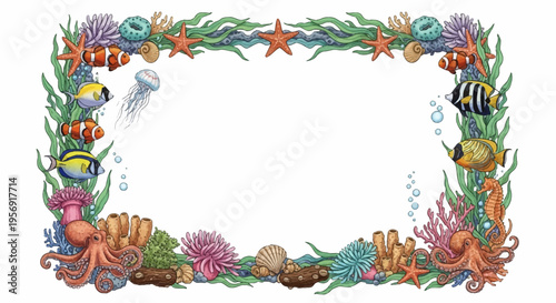 A vibrant underwater border frame featuring various colorful marine animals like fish, octopus, starfish, jellyfish, and diverse corals and seaweed.