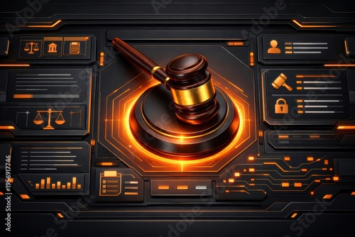 Digital Justice: A gavel rests atop a technological interface, its golden head glowing with digital authority, suggesting a modern take on jurisprudence.