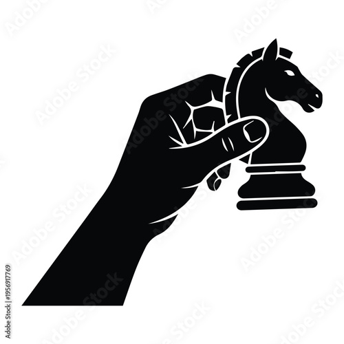 Hand holding knight chess piece Icon Silhouette vector black design on a white background
