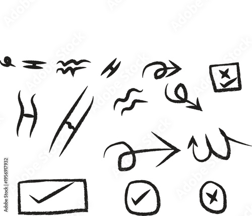 Hand-drawn symbols and icons including checkmarks, arrows, and wavy lines on a white background