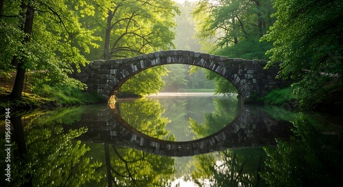 Serene stone bridge arches over a tranquil river reflecting lush green trees and soft morning mist in a peaceful forest landscape