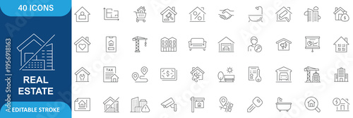 Real estate Properties icon set. Containing, Urban architecture, building, skyscraper, and etc. Outline Icon. Editable stroke.