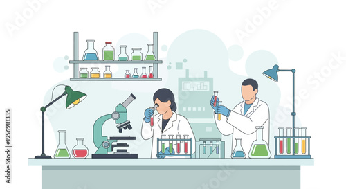 Scientists working in a modern laboratory with microscopes and test tubes