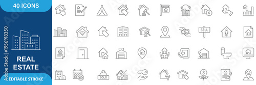 Real estate Properties icon set. Containing, Urban architecture, building, skyscraper, and etc. Outline Icon. Editable stroke.