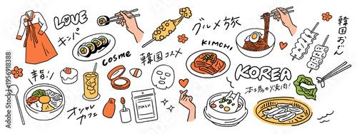 韓国の旅行、観光グルメ、伝統料理、ビビンバやキンパ、チマチョゴリなどの手書きベクターイラスト素材セット A set of hand-drawn vector illustrations featuring Korean travel, sightseeing, and cuisine, including bibimbap and kimbap.