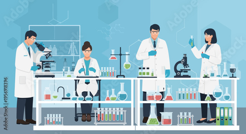 Scientists working in a modern laboratory, conducting research and experiments with equipment