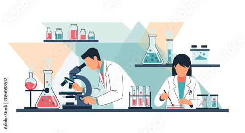 Scientists in laboratory conducting research with microscope and test tubes, science and innovation concept
