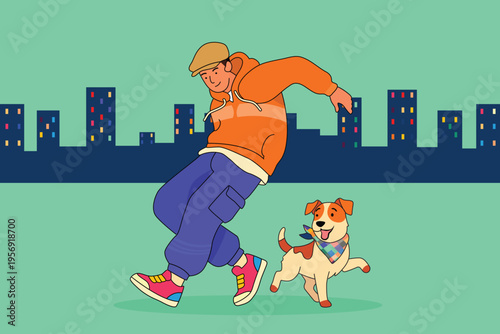 bond companion concept, teen man dance with puppy dog on street , cartoon vector art