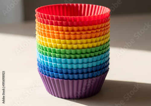 Colorful stack of silicone baking cups in rainbow pattern  