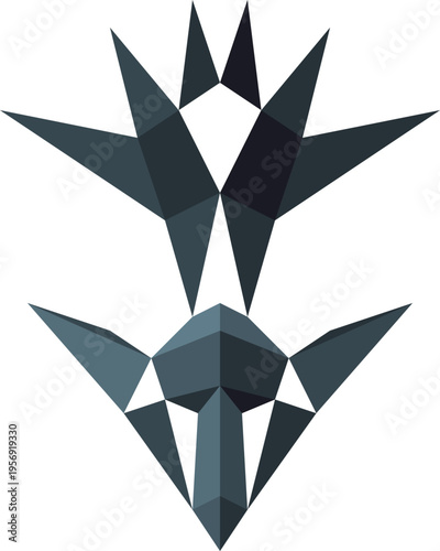 Abstract dark grey low poly geometric symmetrical emblem design isolated on white background for modern corporate identity logos.