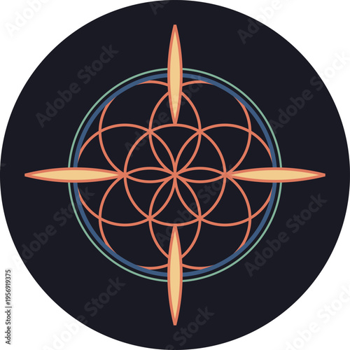 Minimalist geometric mandala with sacred geometry patterns featuring a compass rose and floral overlapping circles on dark background