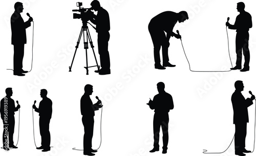 Reporter and cameraman silhouettes set, interview journalism scenes, media production crew, microphone and camera operators, vector illustration isolated on white background