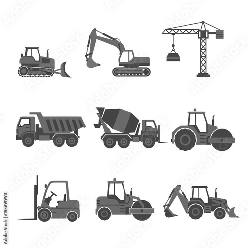 Construction Vehicles Set: Excavator, Bulldozer, Crane, Truck, Forklift, Roller
