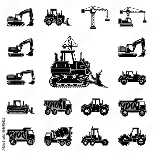 Construction Vehicles Set: Excavator, Bulldozer, Crane, Truck, Loader, Roller, Mixer