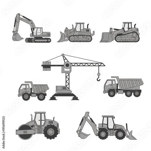 Construction Vehicles Set: Excavator, Bulldozer, Crane, Trucks, Roller
