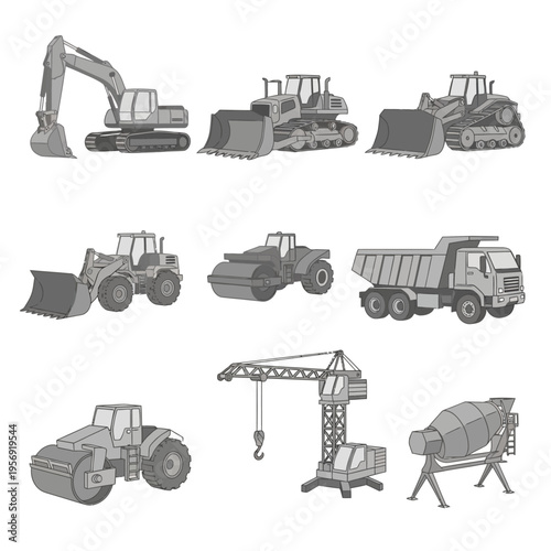 Construction vehicles set: excavator, bulldozer, dump truck, crane, roller, mixer