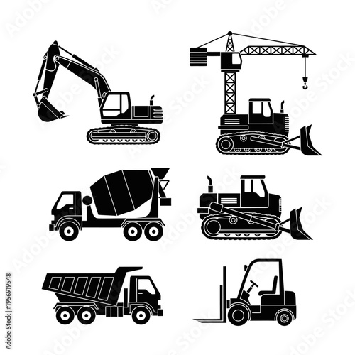 Construction vehicles set: excavator, crane, bulldozer, cement mixer, dump truck, forklift