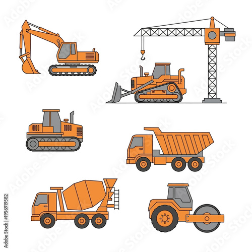 Construction vehicles set: excavator, crane, bulldozer, dump truck, cement mixer, roller