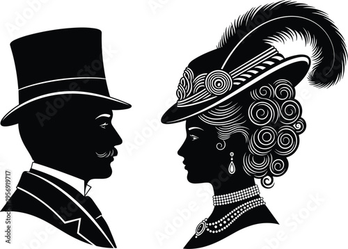 Victorian couple silhouettes, elegant man and woman profiles, vintage fashion style, retro aristocratic characters, classic black vector illustration isolated on white background