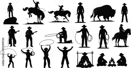 Cowboy silhouette collection, western ranch scenes with horses, lasso, campfire, rodeo action poses, wild west characters vector isolated on white background