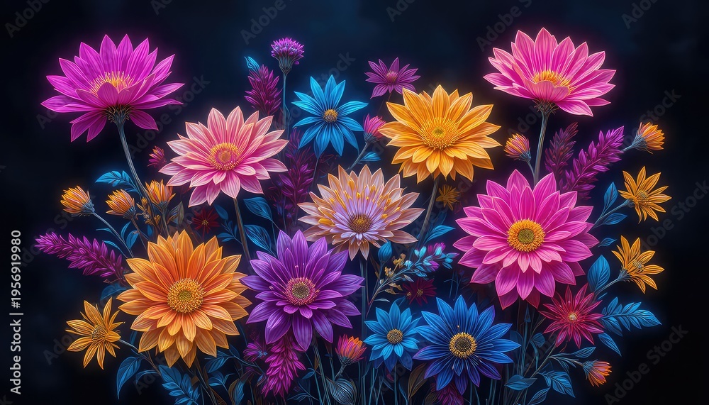 Fototapeta premium Neon botanical composition with multiple flowers