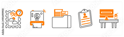 A set of 5 mix icons as postage stamp, instant camera, folder