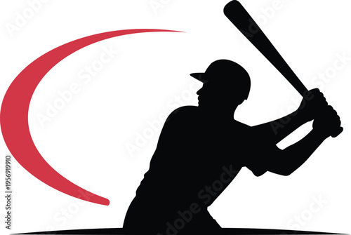 Baseball player silhouette swinging bat with red arc motion graphic illustration sports