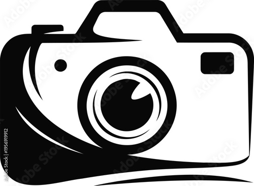 Black and white illustration of a digital single lens reflex camera from side view  photo equipment