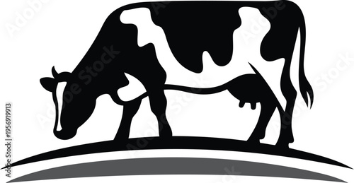 Black and white cow silhouette standing on a hill  farm animal illustration