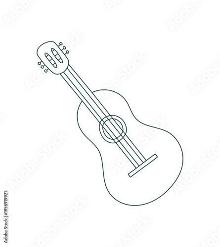 Minimal guitar silhouette in line style. Tent and camp vibe as outdoor symbol. Simple doodle icon for camp and adventure scenes. Clean outline suits campfire nights trip plans, green or white