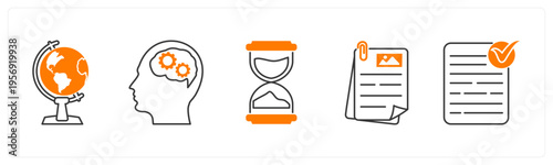 A set of 5 mix icons as globe, planning, sandglass