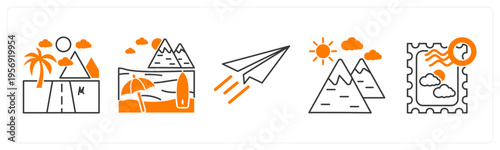 A set of 5 mix icons as road, beach, paper plane