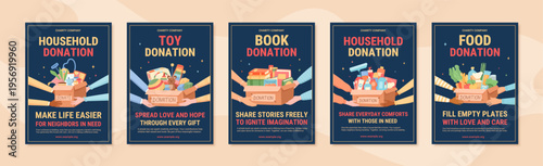 Charity donation box banner set with flat style. Each poster show donate box as gift of food, cloth, toy and book for help. Black and orange background support community message suit print or web